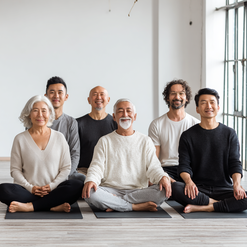 Middle-aged Kazakh man demonstrating proper posture and spinal alignment during yoga practice
