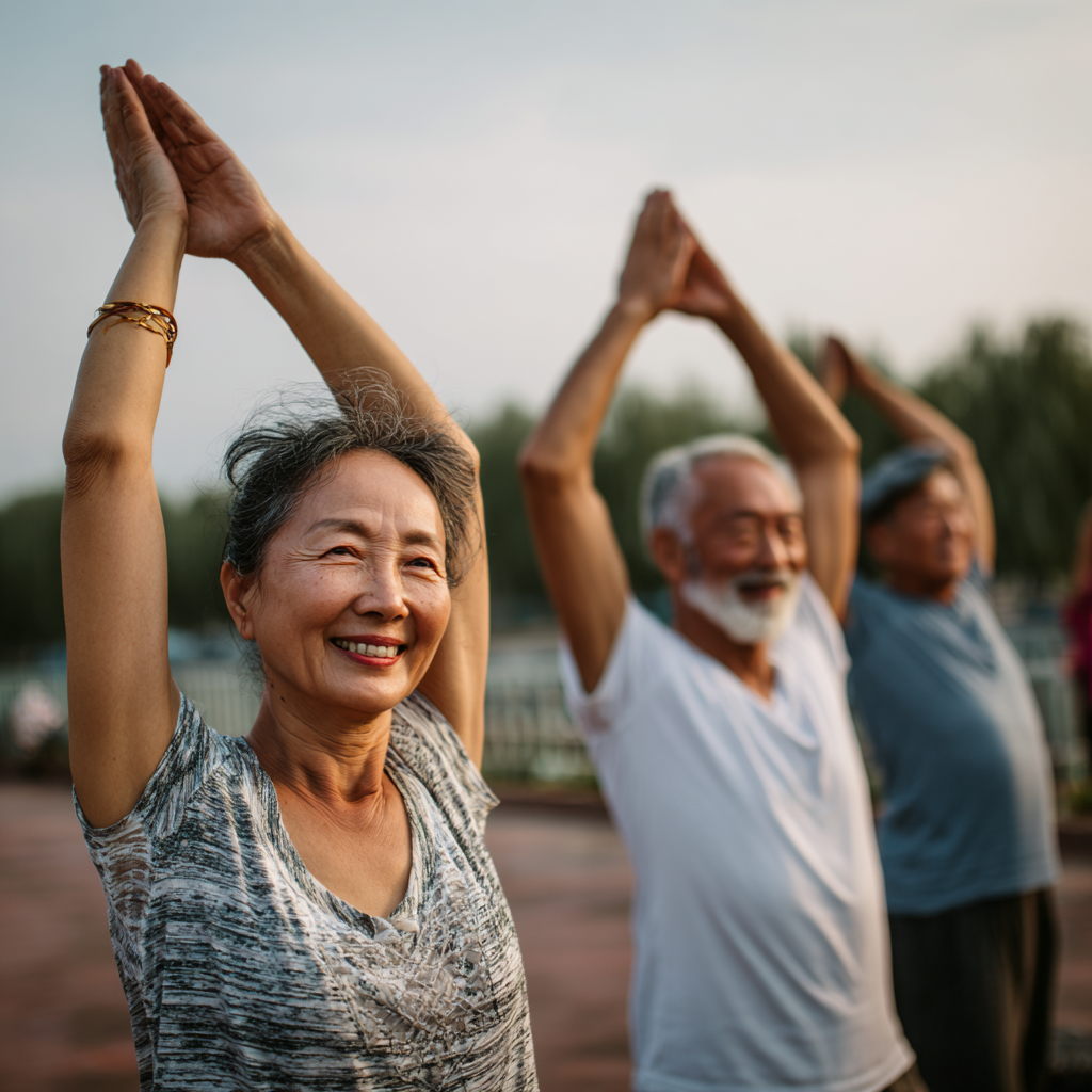 Elderly Kazakh woman in her 60s preparing healthy food with a peaceful expression in a bright kitchen